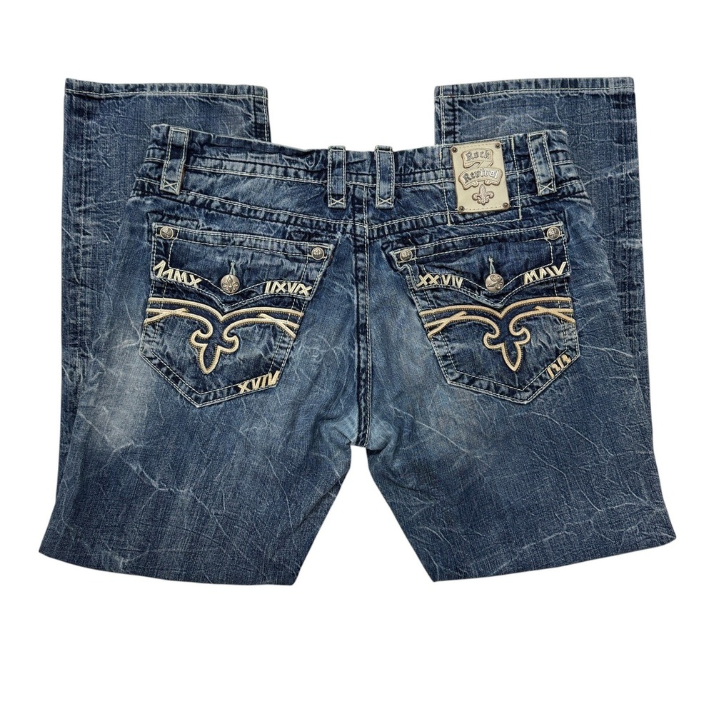 Rock Revival Francis Straight Distressed Blue Jeans Men 38 x 33 Embroidered Y2K - Picture 7 of 16